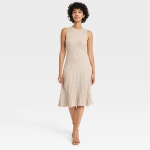 NWT A New Day Tan Pleated Ribbed Midi Dress